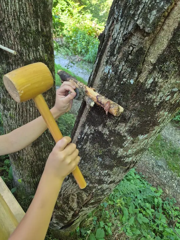 Otrok z lesenim kladivom zabija na drevesu